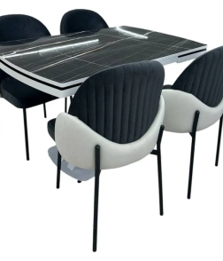 Set masa extensibila Belgrad 80x120/150/180 royal marble high gloss picioare albe + 4 scaune Ada luna V20/LunaV01