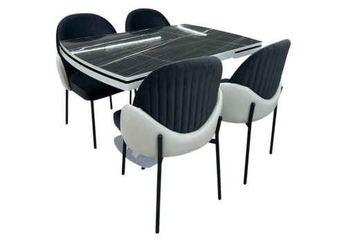 Set masa extensibila Belgrad 80x120/150/180 royal marble high gloss picioare albe + 4 scaune Ada luna V20/LunaV01