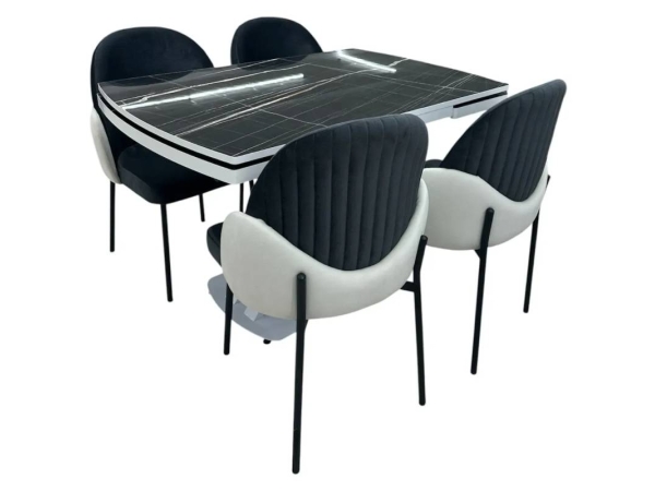 Set masa extensibila Belgrad 80x120/150/180 royal marble high gloss picioare albe + 4 scaune Ada luna V20/LunaV01