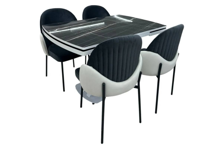 Set masa extensibila Belgrad 80x120/150/180 royal marble high gloss picioare albe + 4 scaune Ada luna V20/LunaV01